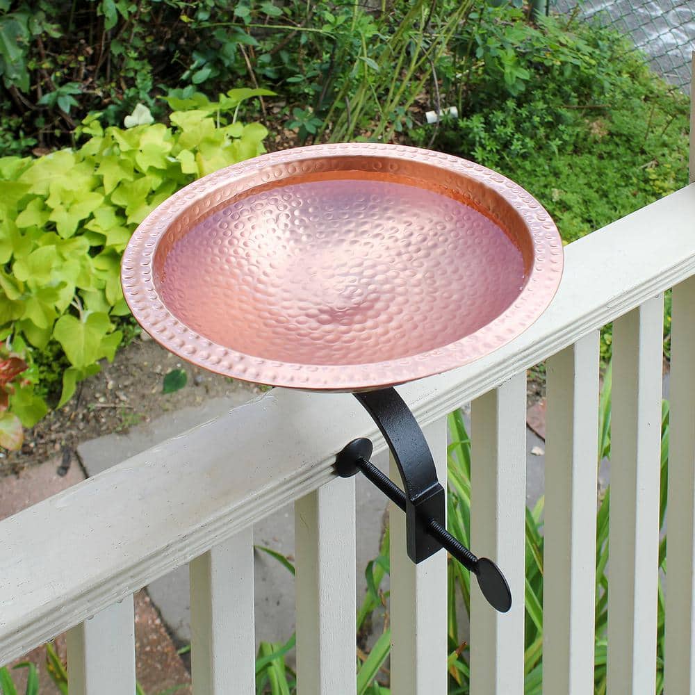 Hammered Copper Birdbath with Black Metal Rail Mount