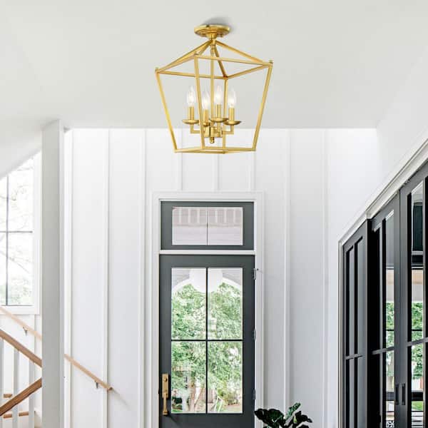 Wispfire 4-Light Indoor Brass Gold Modern Chandelier Lights with Caged Metal Shade, Semi Flush mount, E12 Lamp holder