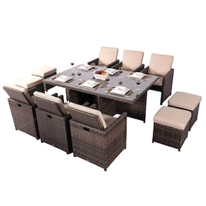 Athena Brown 11-Pieces Wicker Square Standard Height Outdoor Dining Set with Beige Cushions