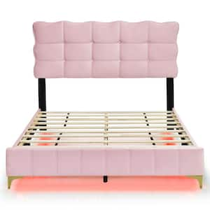 Pink Wood Frame Full Size Velvet Platform Bed with Tufted Button Headboard, Metal Legs and LED