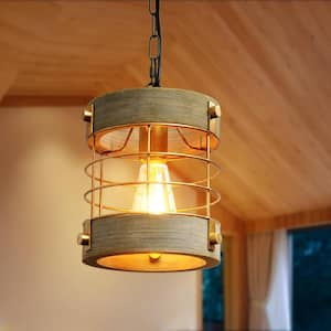 1-Light Blue Gray Farmhouse Metal and Wood Rustic Pendant Light Industrial caged Pendant Lighting for Kitchen Island