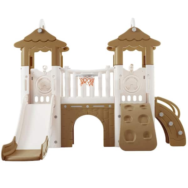 Unbranded Brown 8-1 Freestanding Toddler Climber and Slide Set with Basketball Hoop