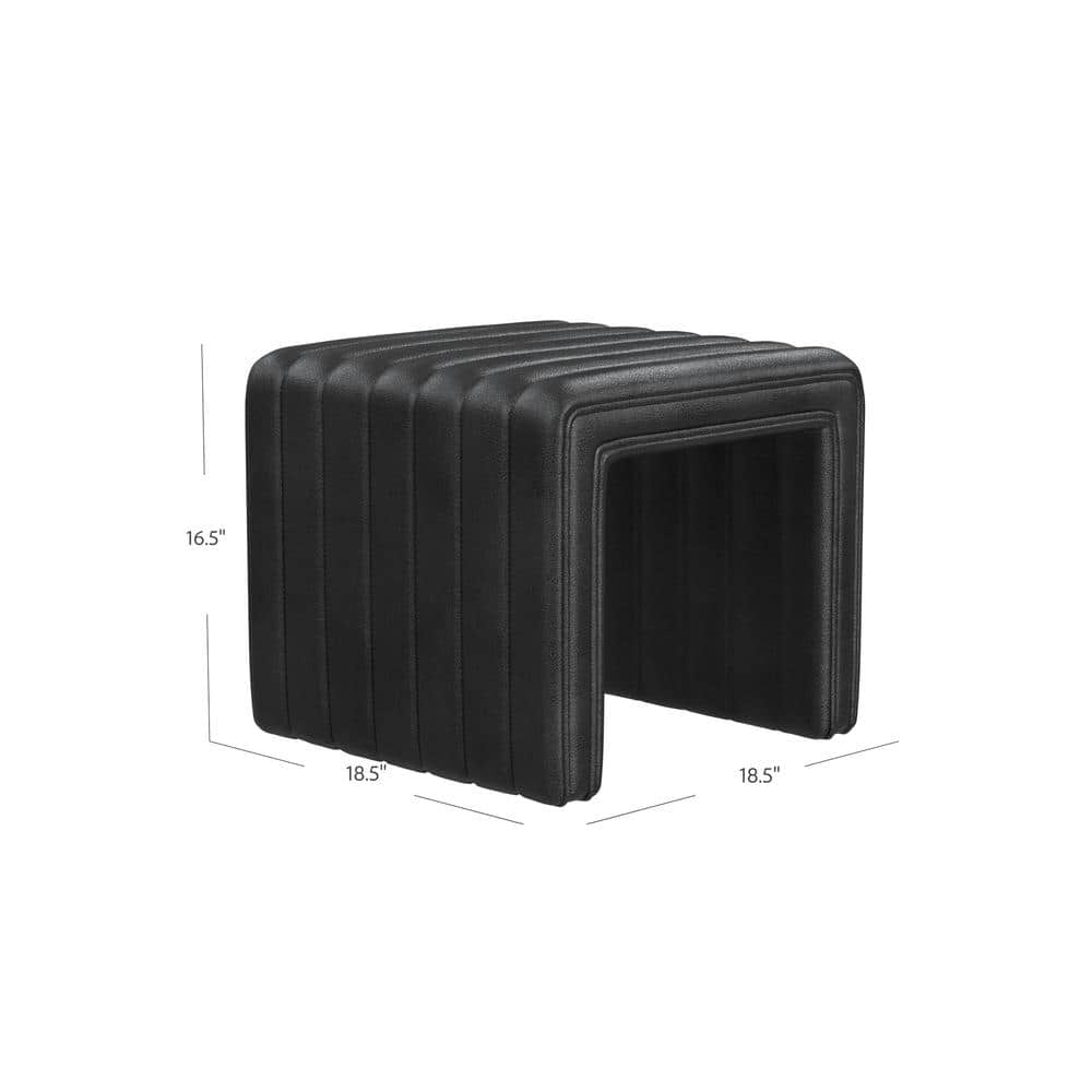Black Faux Leather Channel Tufted Footstool Ottoman