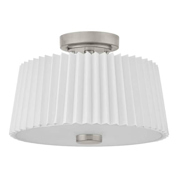 Emyvale 14 in. 2-Light Brushed Nickel Flush Mount with White Fabric Shade