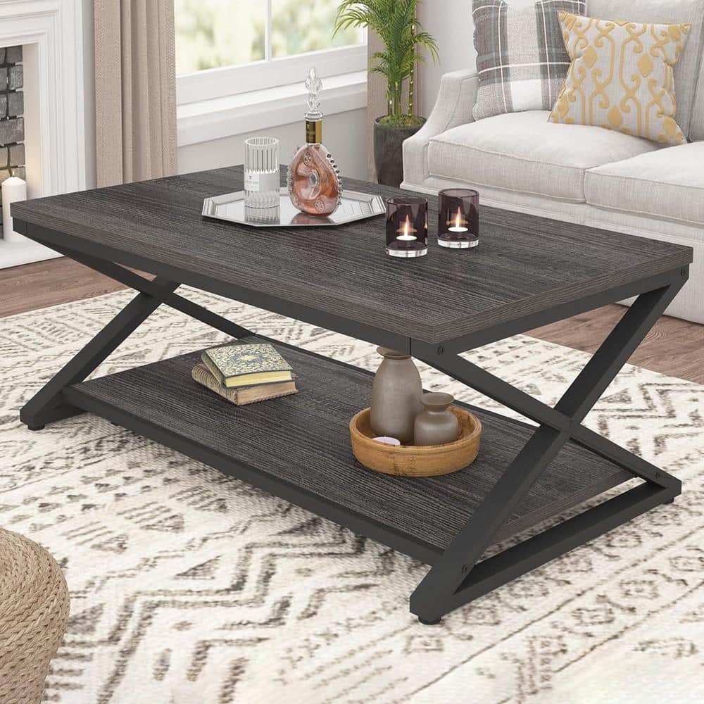 39.4" Dark Gray Oak Metal Coffee Table with Storage for Living Room