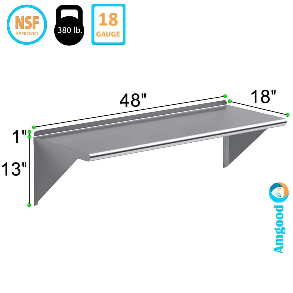48" Long 18" Deep Stainless Steel Wall Shelf
