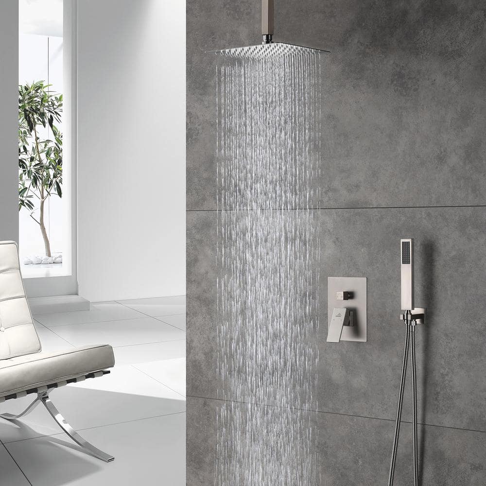 Brushed Nickel Dual Ceiling Mount Rain Shower System with Handheld