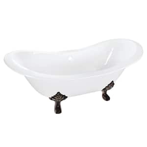 61 in. Cast Iron Double Slipper Clawfoot Bathtub in White with Feet in Oil Rubbed Bronze