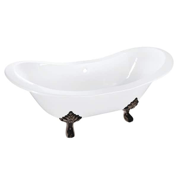 Aqua Eden 61 in. Cast Iron Double Slipper Clawfoot Bathtub in White with Feet in Oil Rubbed Bronze