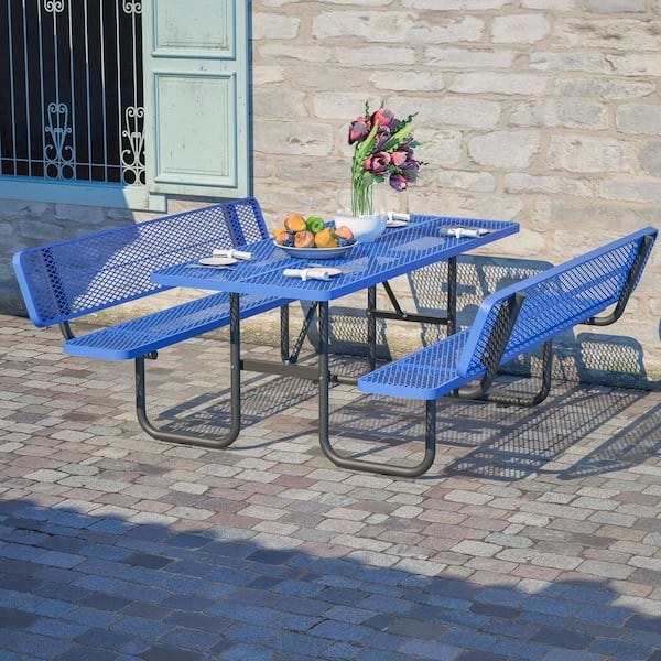 72.2 in. Blue Rectangle Steel Picnic Table Seats 4-6 People with Umbrella Hole and Backrest