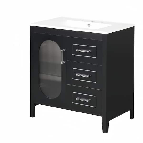 Aoibox 30 in. W x 18.3 in. D x 33 in. H Single Sink Freestanding Bath Vanity in Black with White Ceramic Top