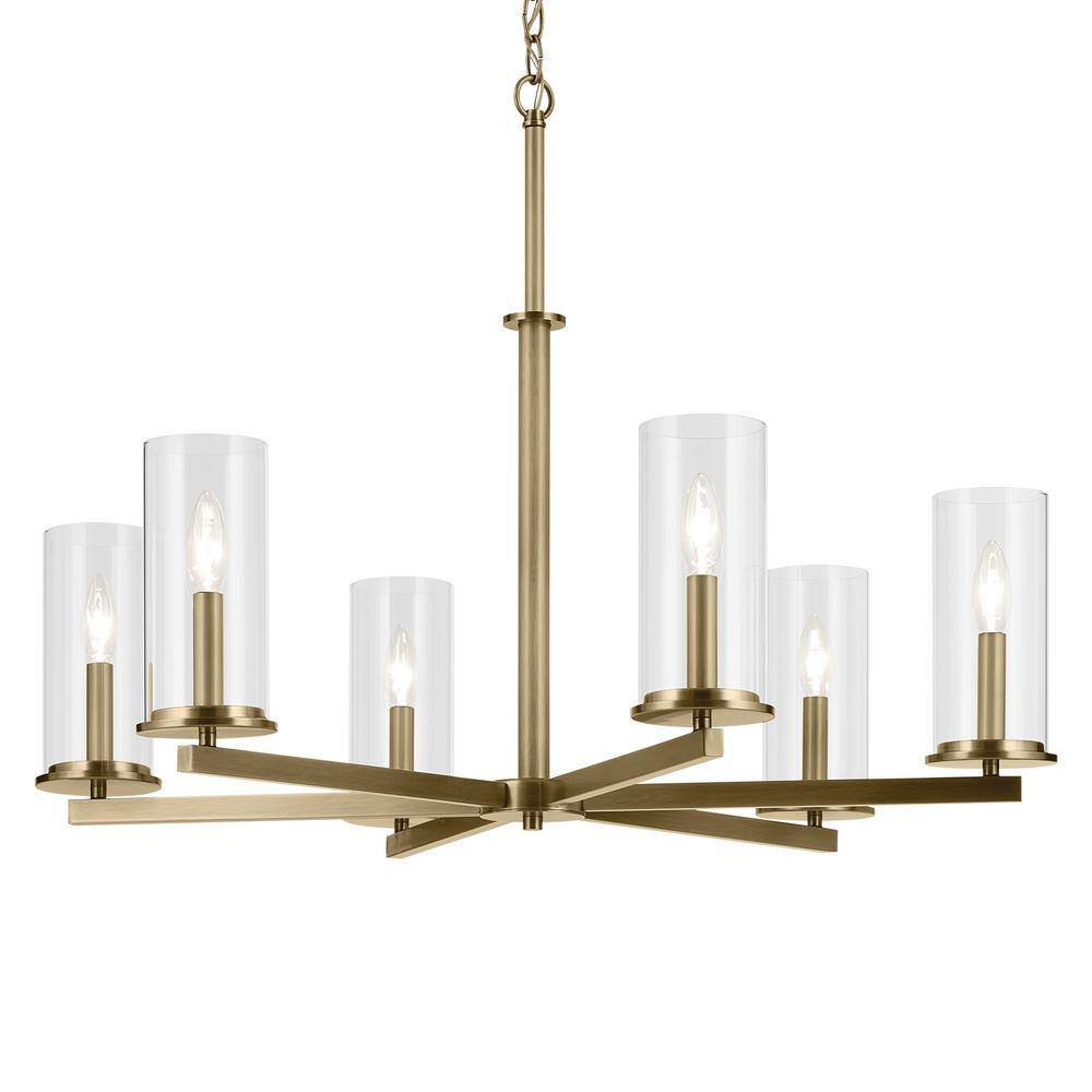 Natural Brass 6-Light Chandelier with Clear Glass Shades