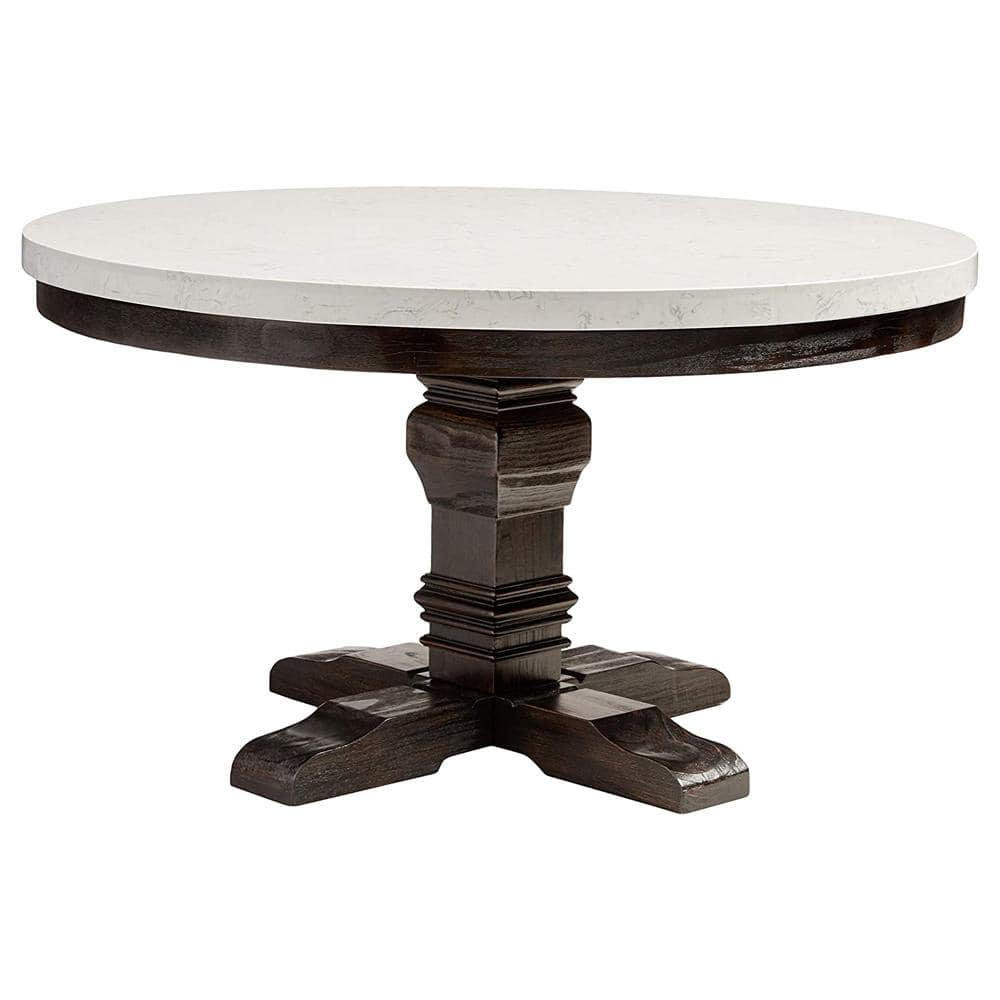 Salvage Dark Oak Round Extendable Dining Table with White Marble Top