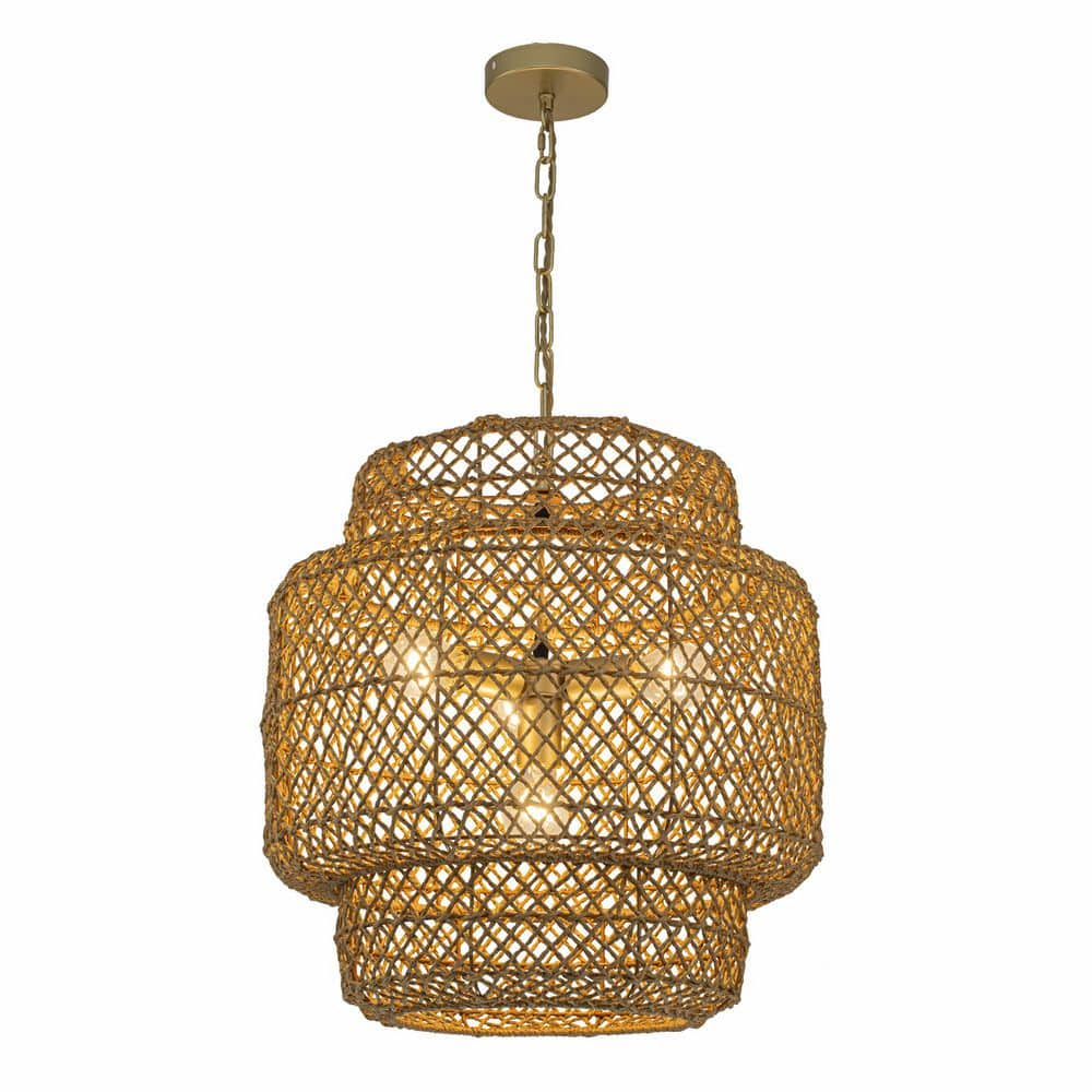 Clair 20 in. 4-Light Gold Coastal Boho Tiered Pendant Light for Dining Room with Brown Woven Shade price history on PriceWatchPro