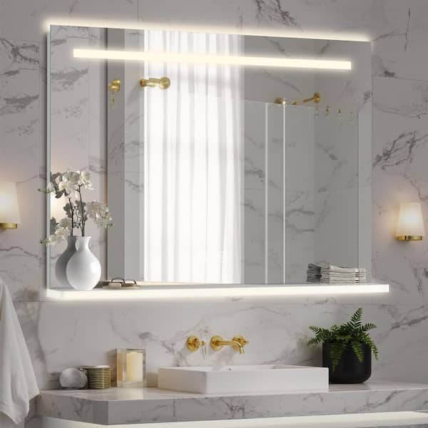 28 in. H x 36 in. W LED Rectangular Frameless Wall Bathroom Vanity Mirror with Anti-Fog, Dimmable, Acrylic Storage Shelf