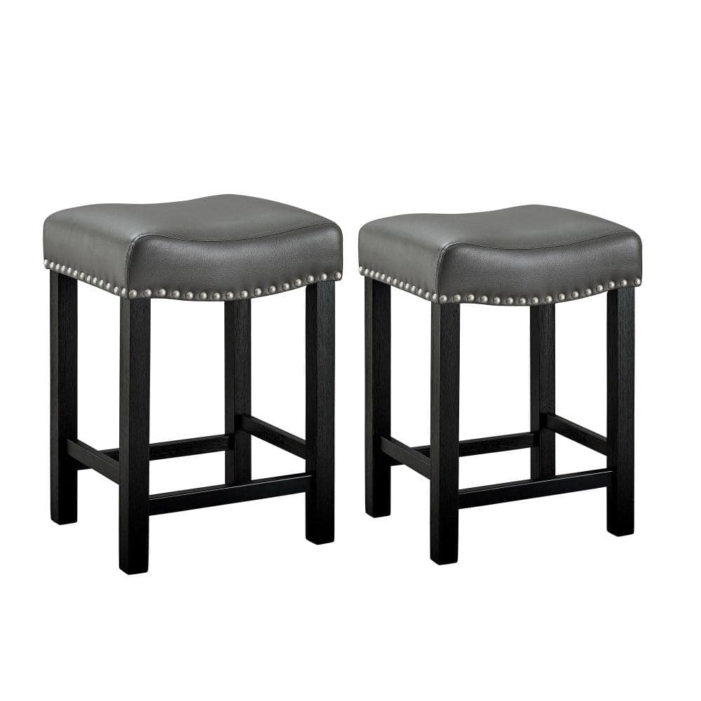 Aspen 24" Gray Faux Leather and Ebony Wood Swivel Counter Stool Set of 2
