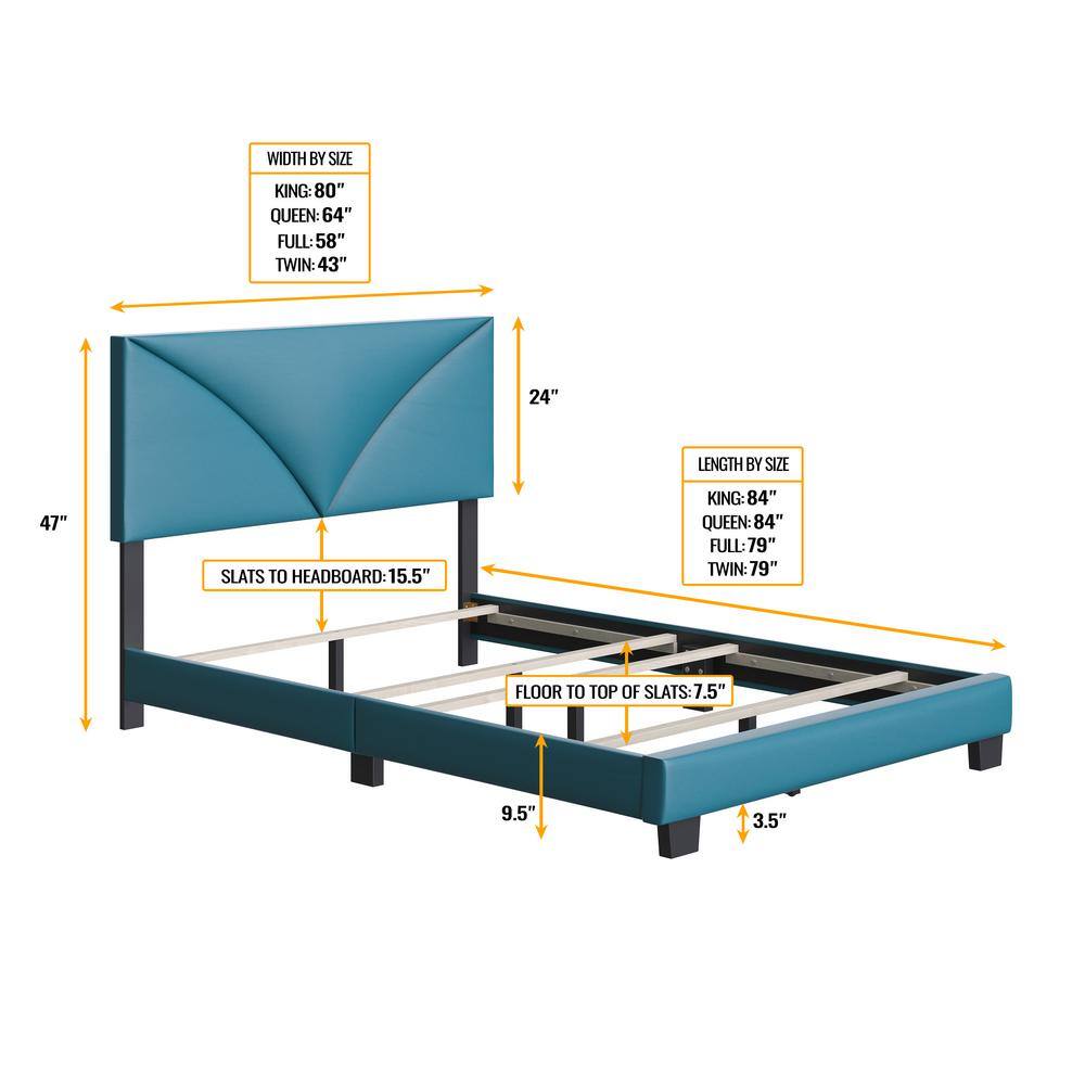 Teal Faux Leather Queen Platform Bed with Upholstered Headboard