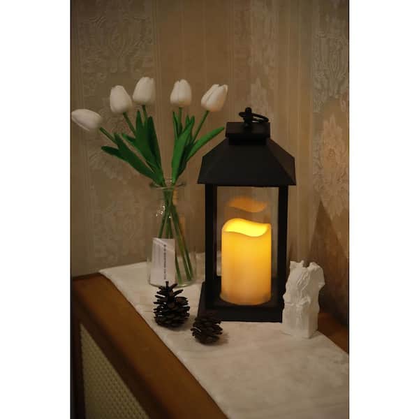 Afoxsos 13.7 in. x 5.6 in. Black Plastic Lantern with Candle 1