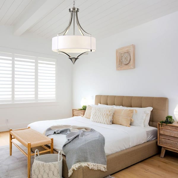 6-Light Nickel Modern Chandelier, Height Adjustment Farmhouse Chandelier with Fabric Shade for Kitchens