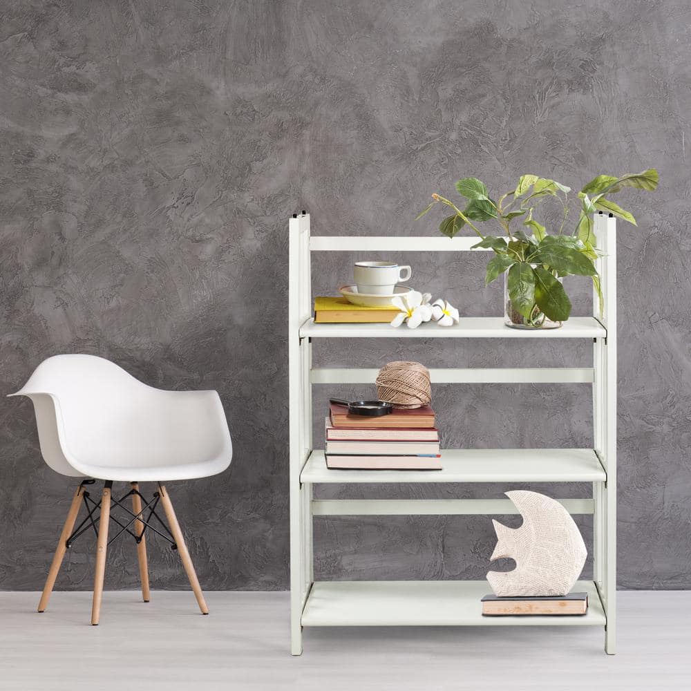 Elegant White Solid Wood 3-Shelf Stackable Folding Bookcase