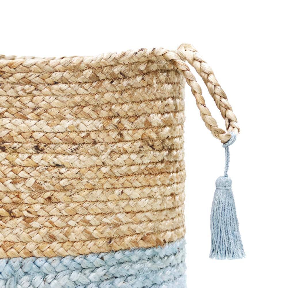 Handwoven Natural and Light Blue Jute Round Storage Basket with Handles