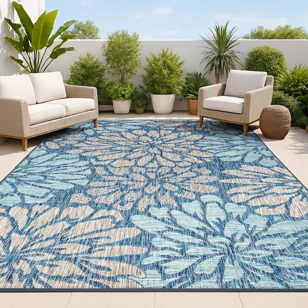 Zinnia Modern Floral Navy/Aqua 7 ft. 9 in. x 10 ft. Textured Weave Indoor/Outdoor Area Rug