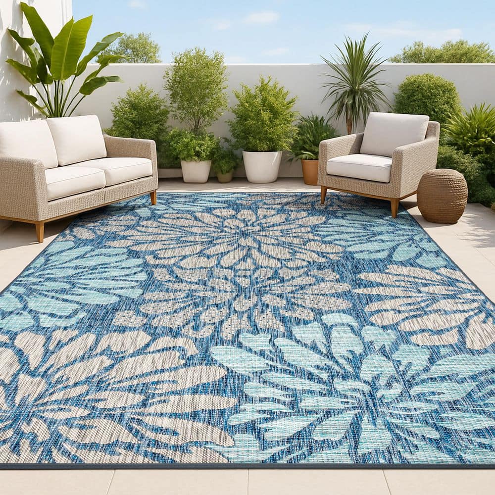 JONATHAN Y Zinnia Modern Navy/Aqua 9 ft. x 12 ft. Floral Textured