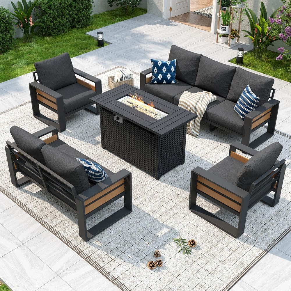 Sizzim 5-Piece Aluminum Wood Armrest Outdoor Patio Conversation