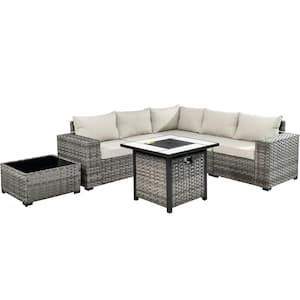 Crater Gray 7-Piece Wicker Wide-Plus Arm Outdoor Patio Conversation Sofa Set with a Fire Pit and Beige Cushions