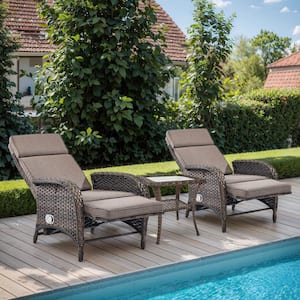 PlainCurve 3-Piece Brown Wicker Outdoor Recliner Chairs Patio Conversation Set with Olefin Gray Cushions and side table