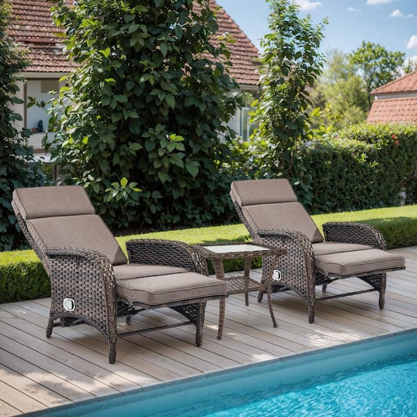 PlainCurve 3-Piece Brown Wicker Outdoor Recliner Chairs Patio Conversation Set with Olefin Gray Cushions and Side Table