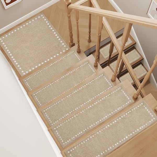 8 in. x 30 in. Beige Soft Microfiber Non-Slip Stair Tread Cover (Set of 15)