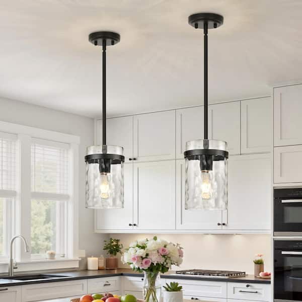 Jasslynn 2-Pack 60 Watt Black Modern Pendant Light with Water Rippled Glass Shade for Kitchen Dining Room Foyer
