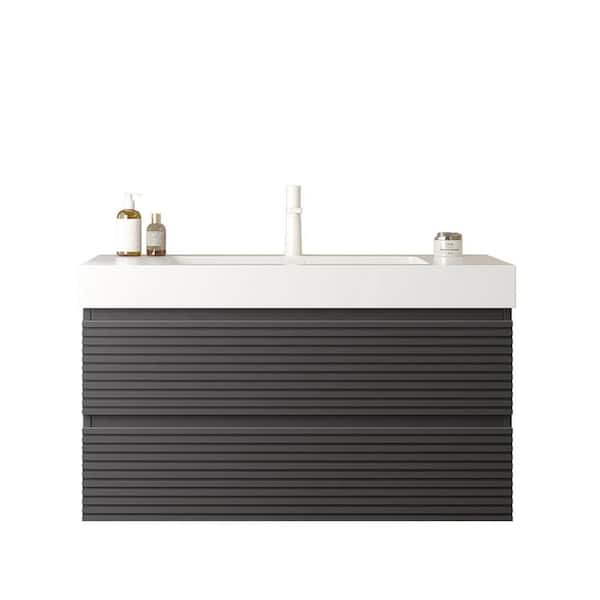 Unbranded 36 in. W Wall-Mounted Plywood Bathroom Vanity in Gray with Undermount Sink, Drawers, Acrylic Rectangular White Basin Top