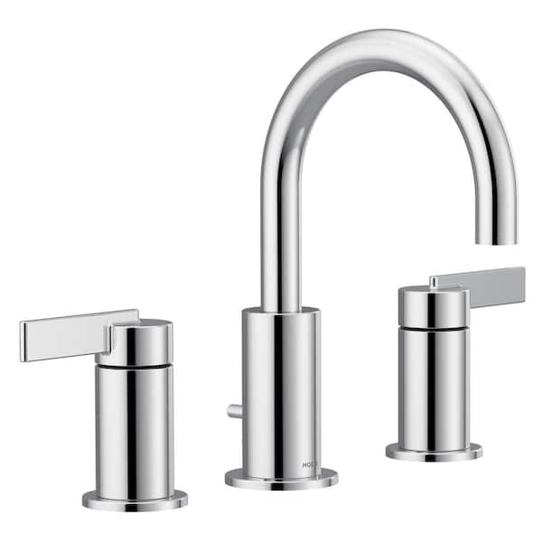 MOEN Cia 8 in. Widespread Double-Handle High-Arc Bathroom Faucet with Drain Kit Included in Polished Chrome