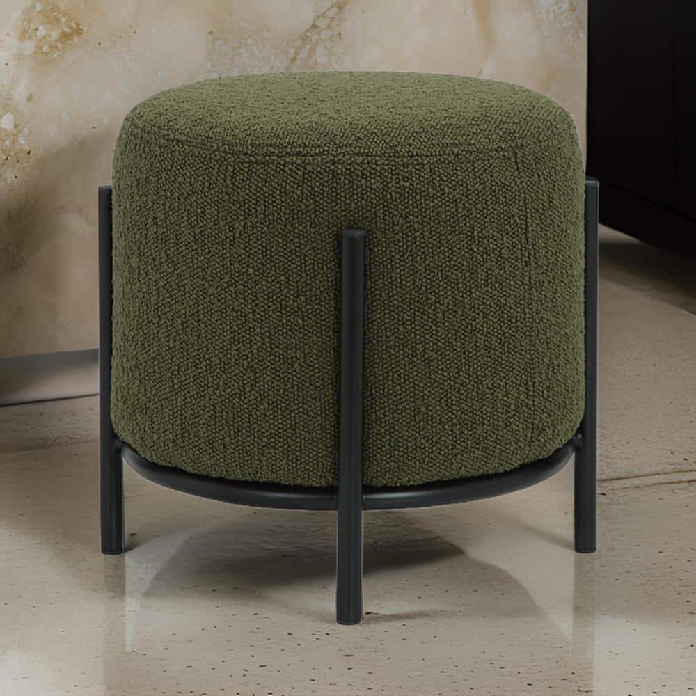 Green Boucle Round Cushioned Ottoman Stool with Black Metal Frame