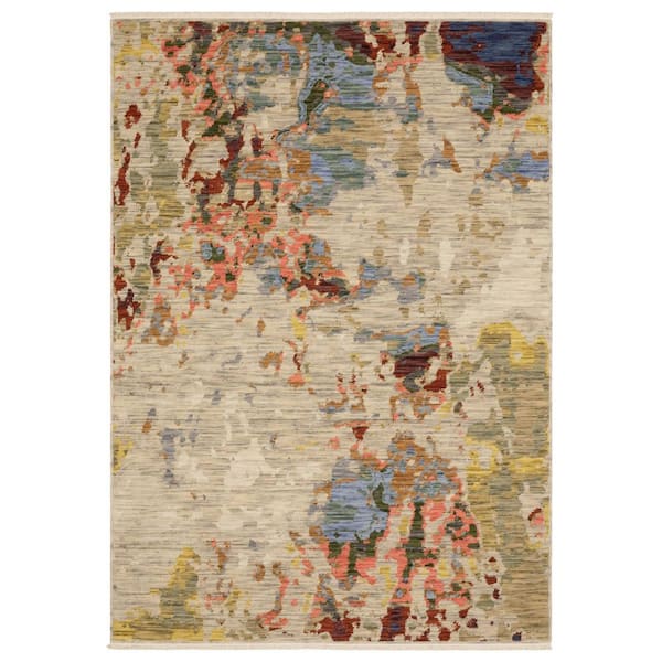 2' X 3' Beige And Red Abstract Area Rug With Fringe