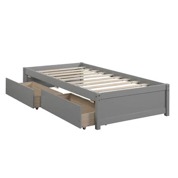 YOFE Gray Solid Wood Twin Platform Bed Frame with 2-Urban Drawers Storage Bed with Wooden Slat (No Box Spring Needed)
