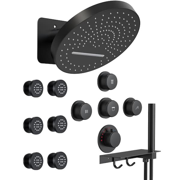 GRANDJOY Module Switch 15-Spray 12.6 in. Dual Wall Mount Fixed and Handheld Shower Head 2.5 GPM in Matte Black (Valve Include)