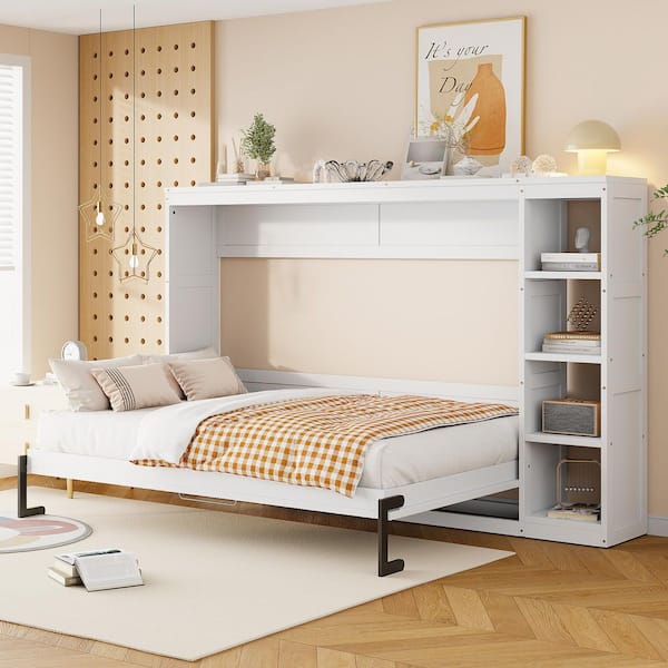 White Wood Frame Full Size Murphy Bed with Bookshelf