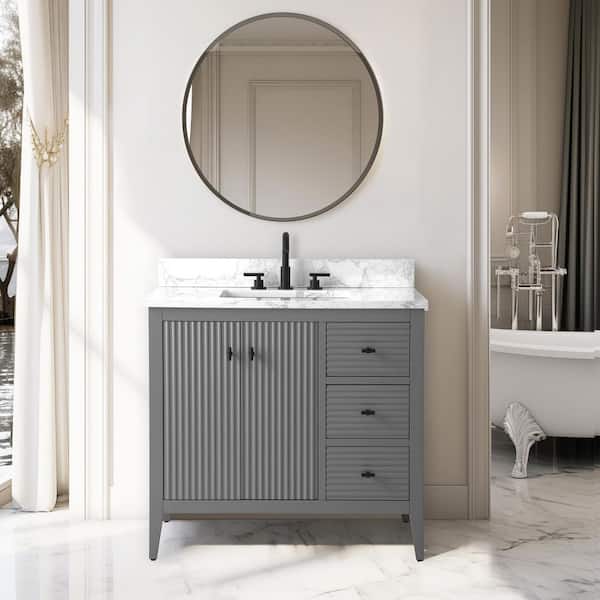 Vanity Art 36 in. W x 22 in D x 38 in. H Single Sink Bath Vanity Cabinet in Linear Gray with White Engineered Marble Top