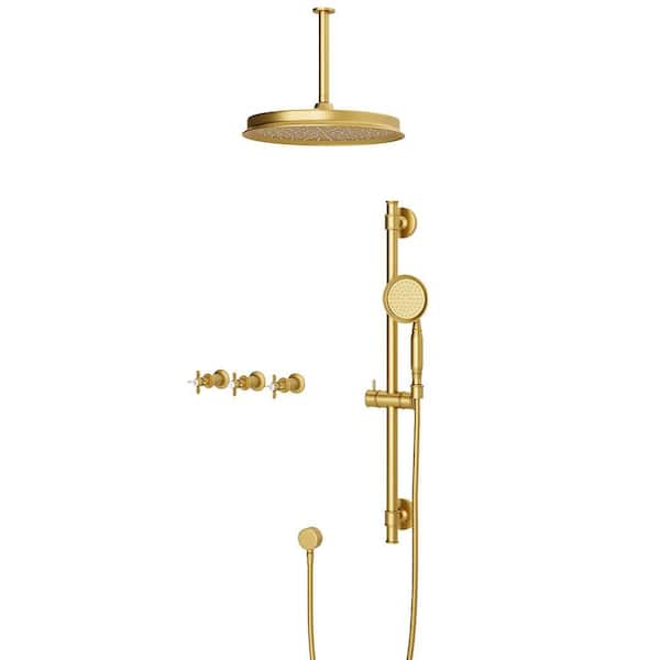 Classical Style 2-Spray Ceiling Mount 10 in. Round Rain Shower Head and Handheld Shower with Sliding Rod in Brushed Gold