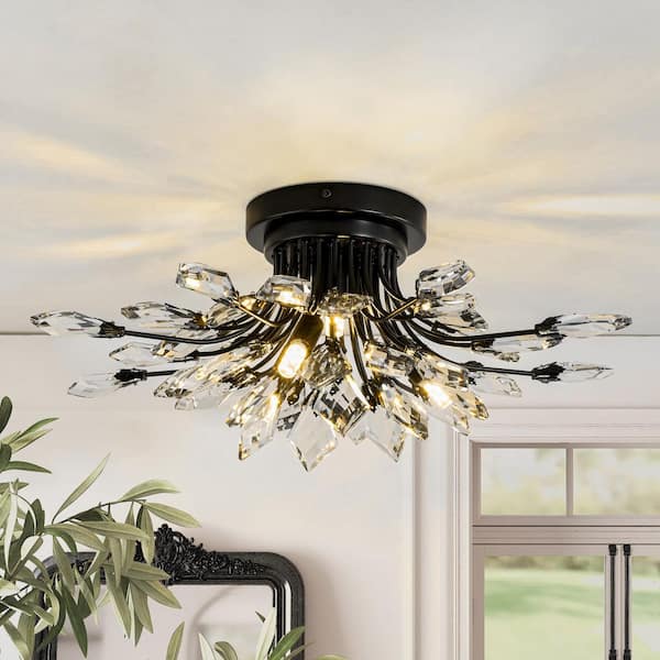 RRTYO Adriao 21.2 in. 4-Light Modern Industrial Black Linear Sputnik Crystal Flush Mount Cluster Starburst Ceiling Light