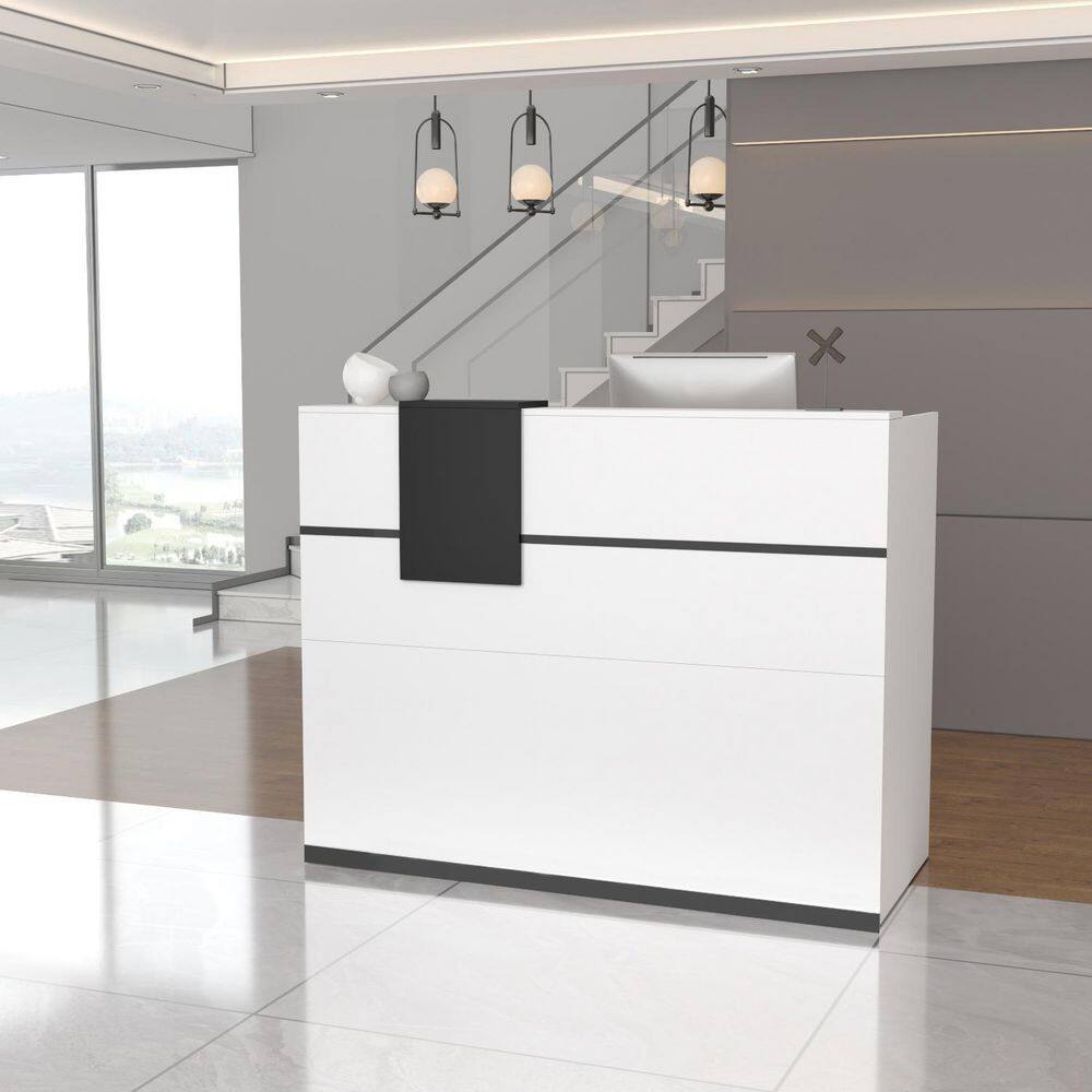 55.1 in. W x 23.6 in. D Rectangular White MDF Writing Desk with a Desktop, 6-Storage Shelves, 1-Drawer and 1-Cabinet