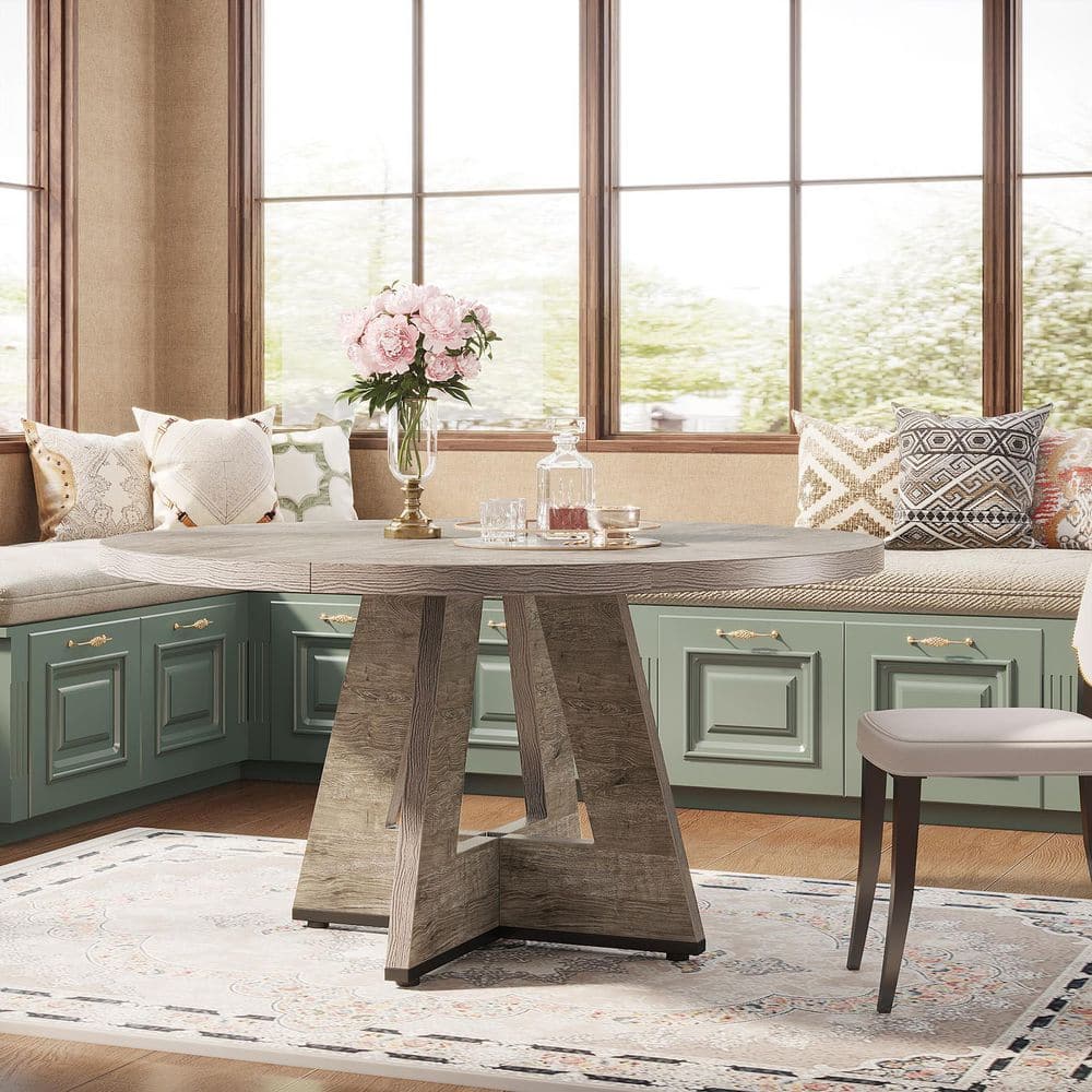Roesler Light Gray Round Dining Table Wood 47 in. Pedestal Stylish Dining Table for 4 A Blend of Function and Aesthetics