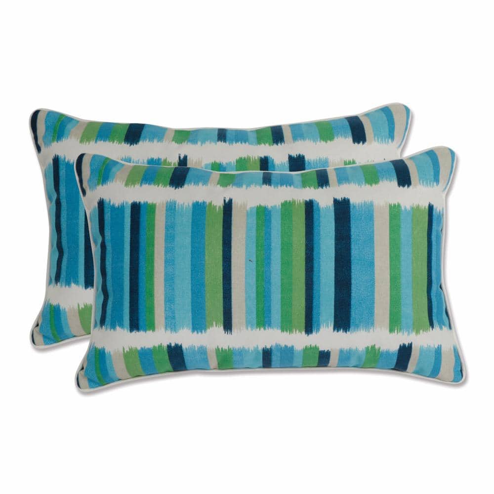 Azure Blue and Green Striped Outdoor Lumbar Pillows Set