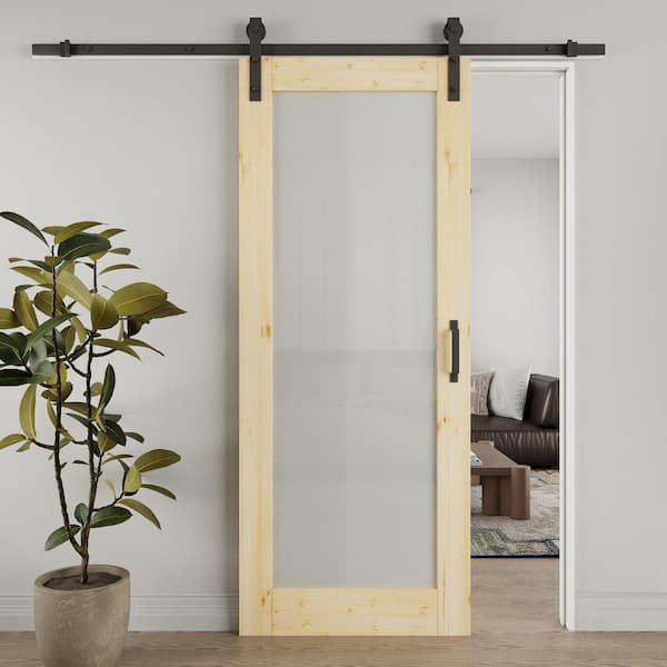 ARK DESIGN 32 in. x 96 in. 1 Lite Tempered Frosted Glass Unfinished Solid Core Pine Wood Sliding Barn Door with Hardware Kit