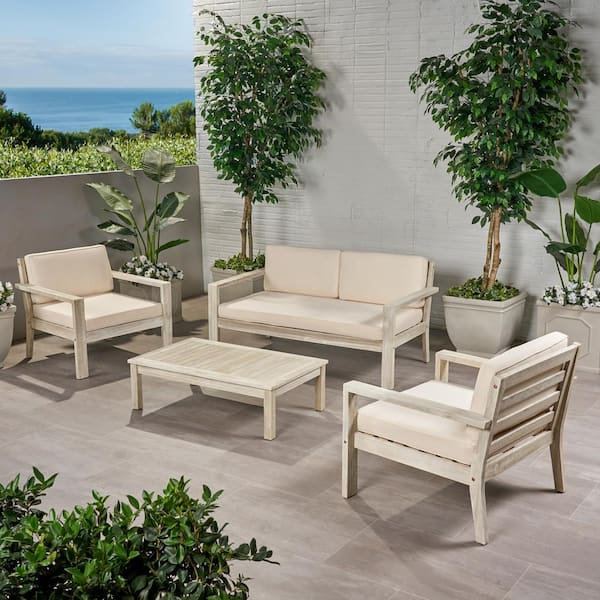 Noble House Santa Ana Brushed Light Grey Washed 4-Piece Wood Outdoor Patio Conversation Seating Set with Cream Cushions