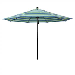 11 ft. Black Aluminum Commercial Market Patio Umbrella with Fiberglass Ribs and Pulley Lift in Seville Seaside Sunbrella