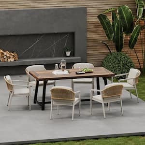 Heres Gray 7-Piece Metal Rectangular Patio Outdoor Dining Set with Gray Cushions